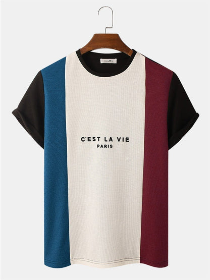 Men's Letter Pattern Knitted Patchwork T-Shirt | Crew Neck Short Sleeve