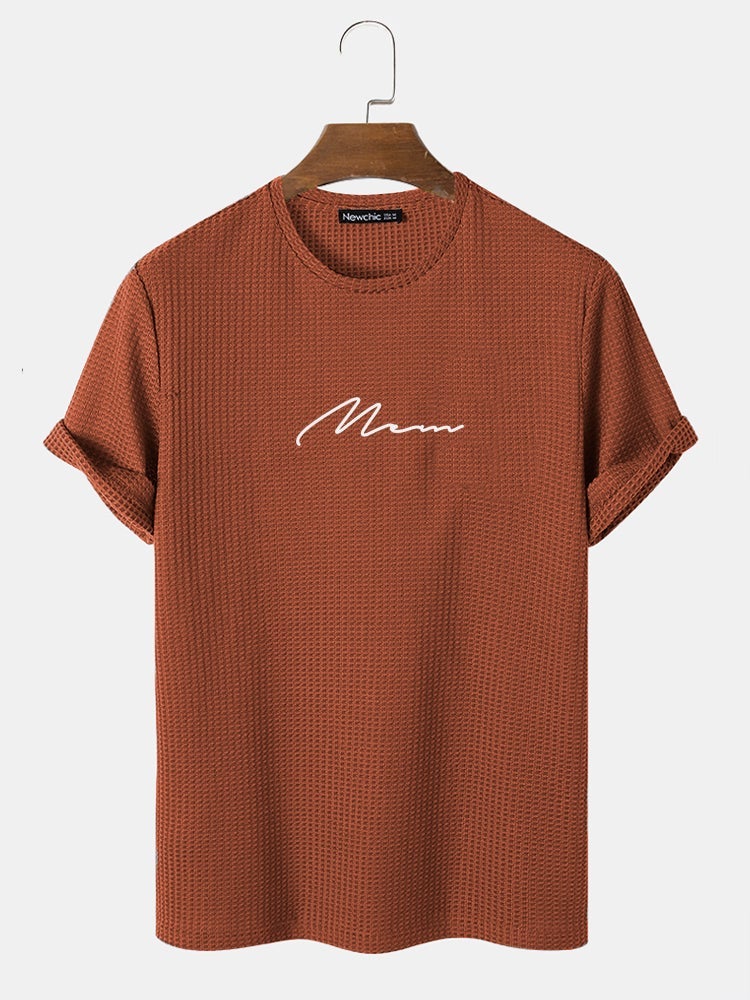Men's Script Embroidered T-Shirt | Knit Texture Casual Short Sleeve Style