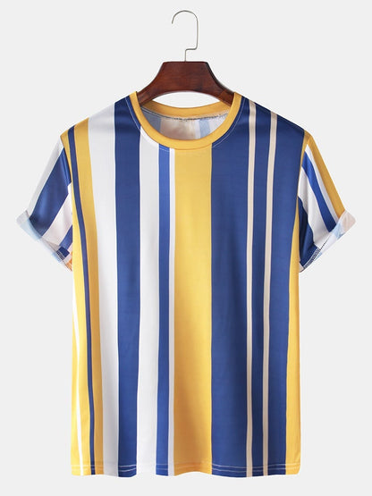 Men's Vertical Stripes Print T-Shirt | Loose Casual Breathable Round Neck Style