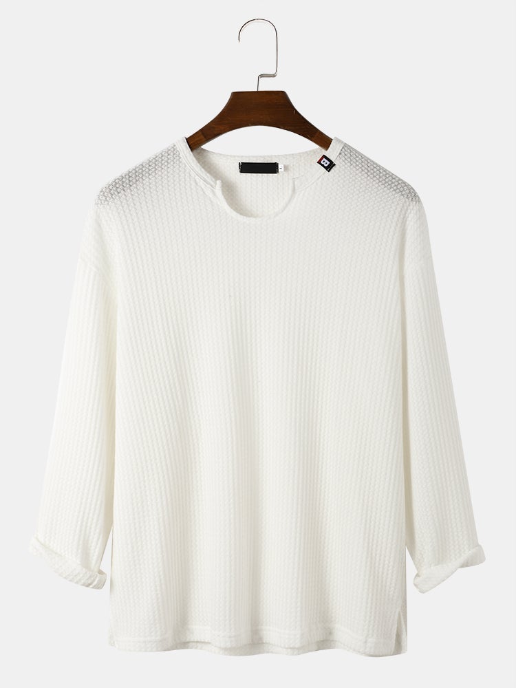 Men's Knit Texture Side Split T-Shirt | Loose Long Sleeve Plain Style