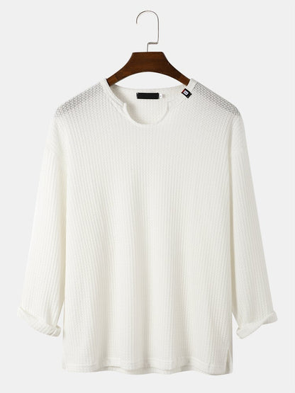 Men's Knit Texture Side Split T-Shirt | Loose Long Sleeve Plain Style