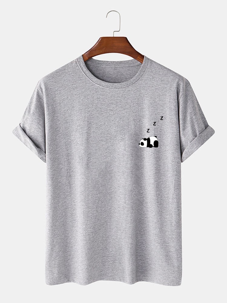 Men's 100% Cotton Panda Print T-Shirt | Solid Color Thin Casual Style