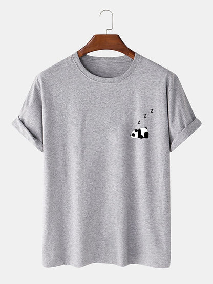 Men's 100% Cotton Panda Print T-Shirt | Solid Color Thin Casual Style