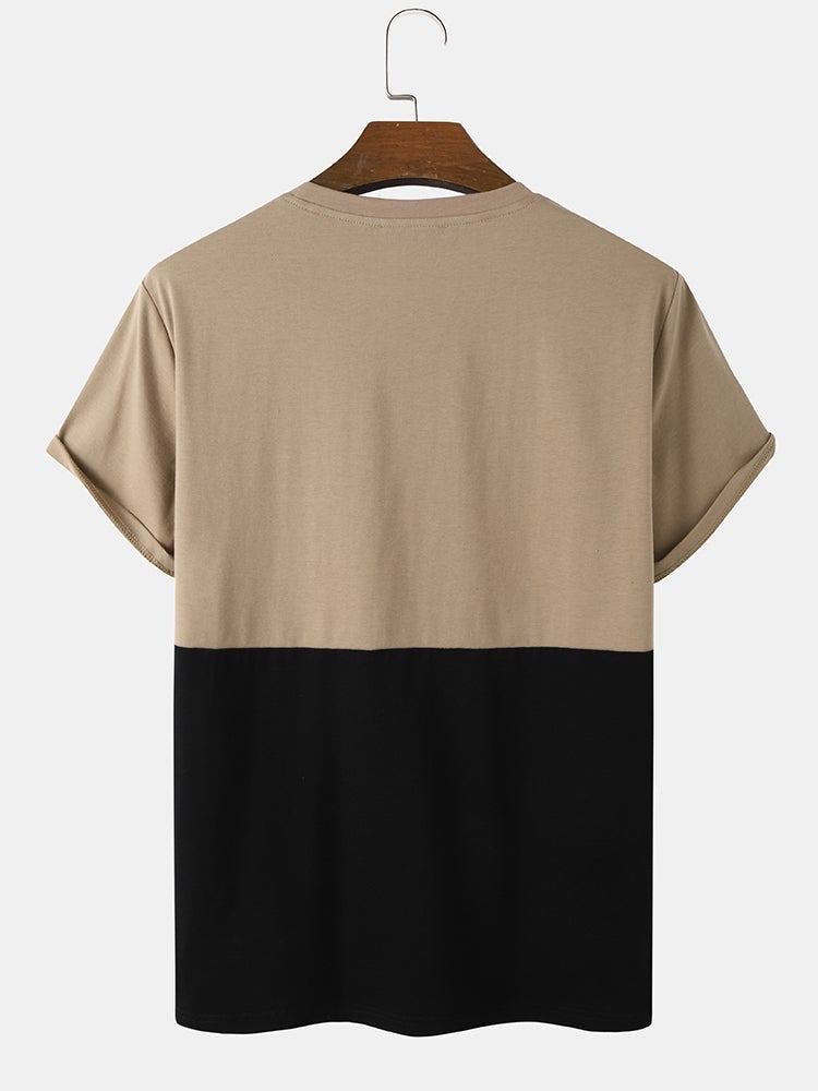 Men's Script Print Two-Tone Stitching T-Shirt | Casual Short Sleeve Style