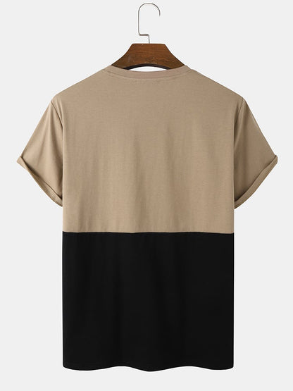 Men's Script Print Two-Tone Stitching T-Shirt | Casual Short Sleeve Style
