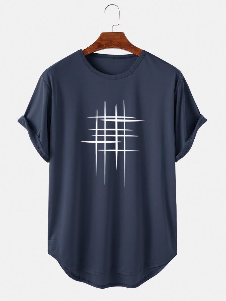 Men's Line Graphic High Low Curved Hem T-Shirt | Sports Short Sleeve Style