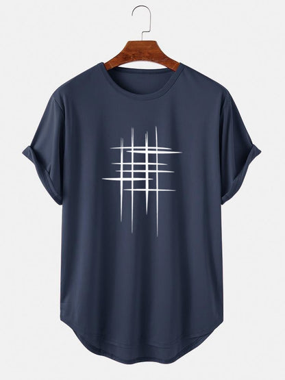 Men's Line Graphic High Low Curved Hem T-Shirt | Sports Short Sleeve Style