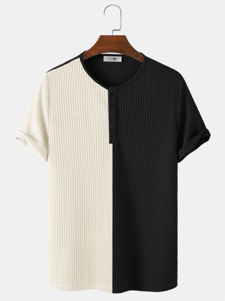 Men's Two-Tone Stitching Knitted Button T-Shirt | Short Sleeve Style
