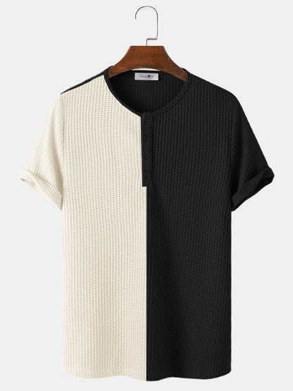 Men's Two-Tone Stitching Knitted Button T-Shirt | Short Sleeve Style