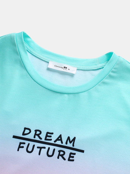 Men's Colorful Ombre Letter Print T-Shirt | Loose Fit Curved Hem Short Sleeve