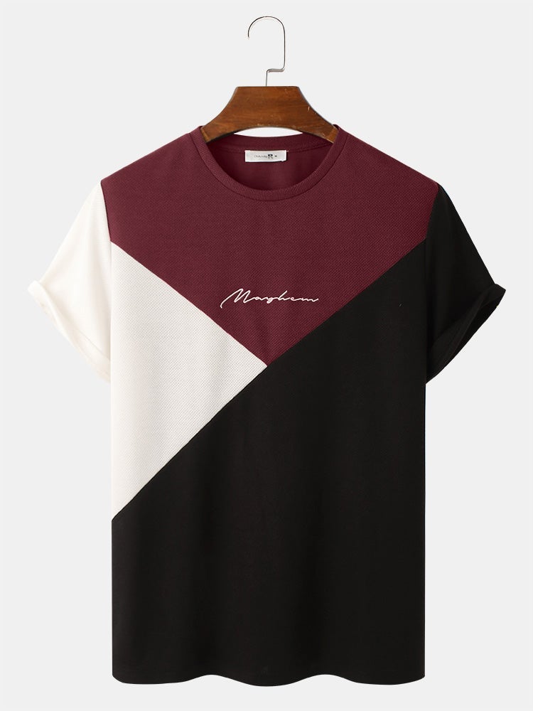 Men's Tricolor Knitted Texture T-Shirt | Embroidery Short Sleeve Style