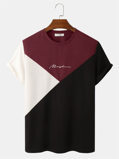 Men's Tricolor Knitted Texture T-Shirt | Embroidery Short Sleeve Style