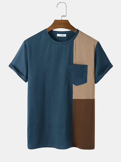 Men's Tricolor Patchwork Pocket T-Shirt | Crew Neck Short Sleeve Style