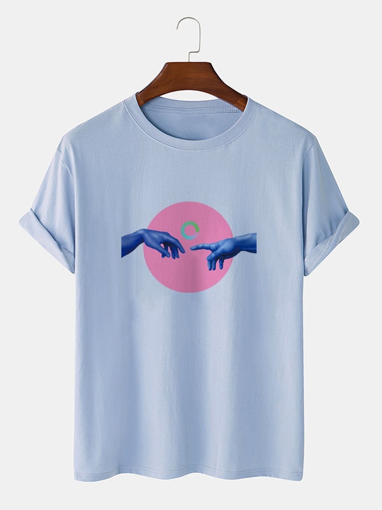 Men's 100% Cotton Hand Circle Print T-Shirt | Crew Neck Preppy Short Sleeve Style