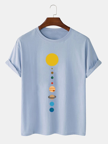 Men's 100% Cotton Cartoon Planet Print T-Shirt | Solid Thin Loose O-Neck Design