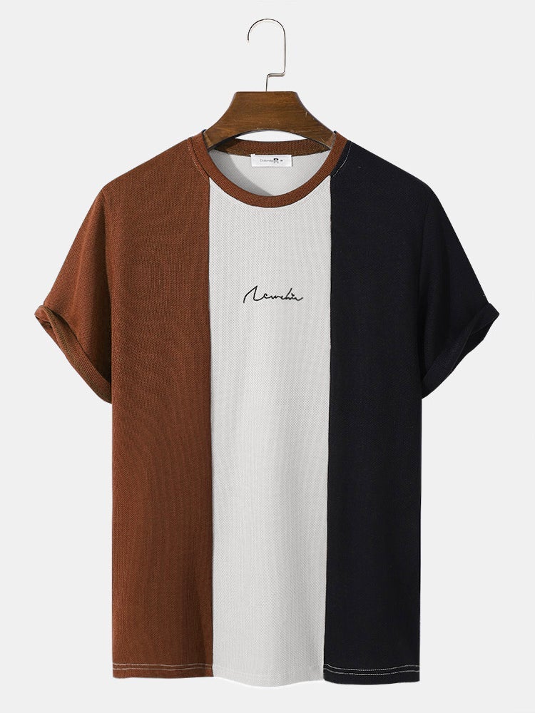 Men's Block Stripe Patchwork T-Shirt | Embroidered Knit Short Sleeve Preppy Style