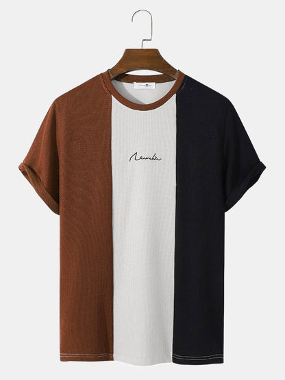 Men's Block Stripe Patchwork T-Shirt | Embroidered Knit Short Sleeve Preppy Style