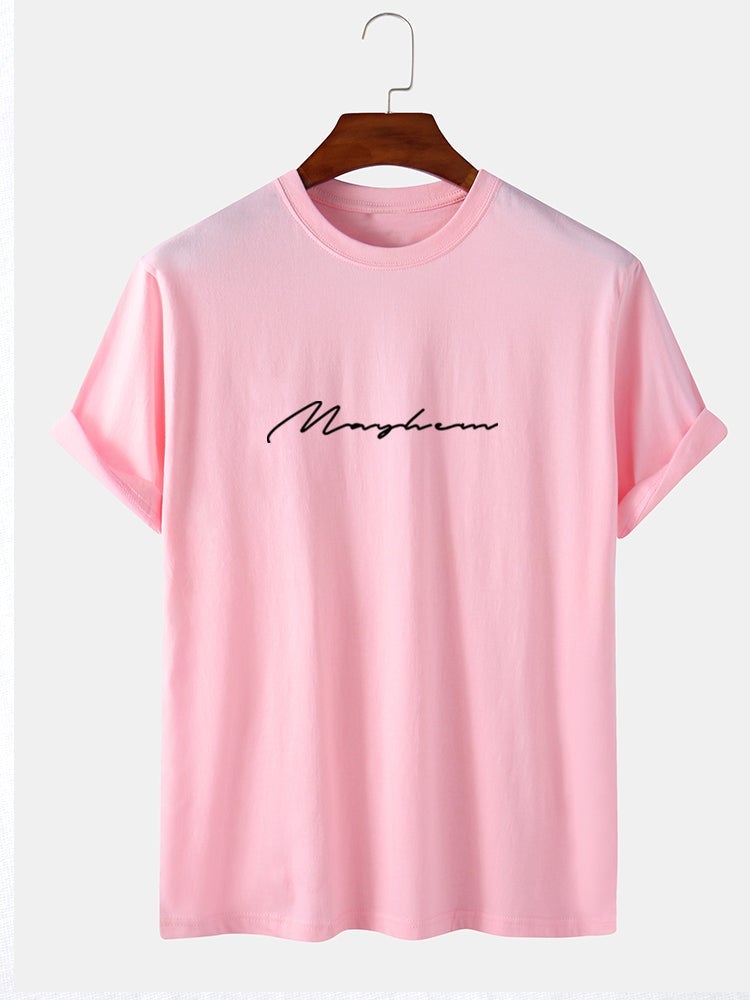 Men's 100% Cotton Letter Script Print T-Shirt | Casual Short Sleeve Style