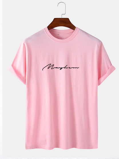 Men's 100% Cotton Letter Script Print T-Shirt | Casual Short Sleeve Style