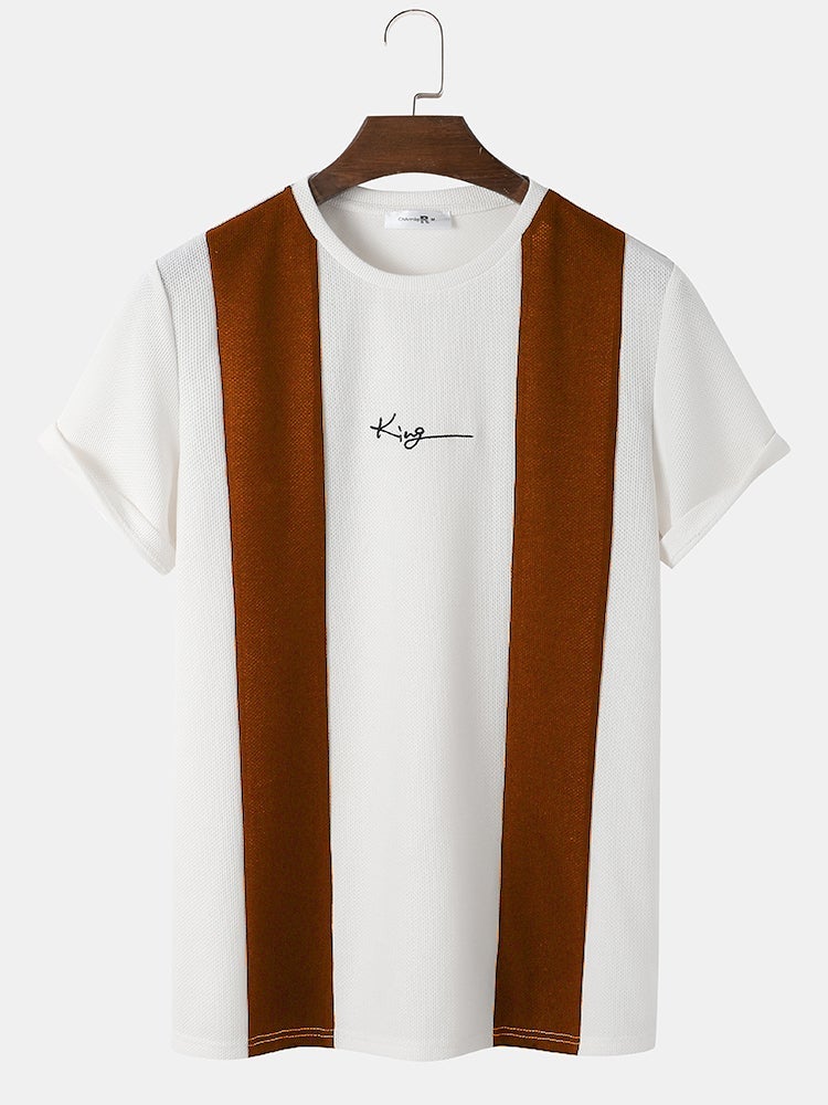 Men's Knit Two-Tone Patchwork T-Shirt | Embroidered Preppy Short Sleeve Style