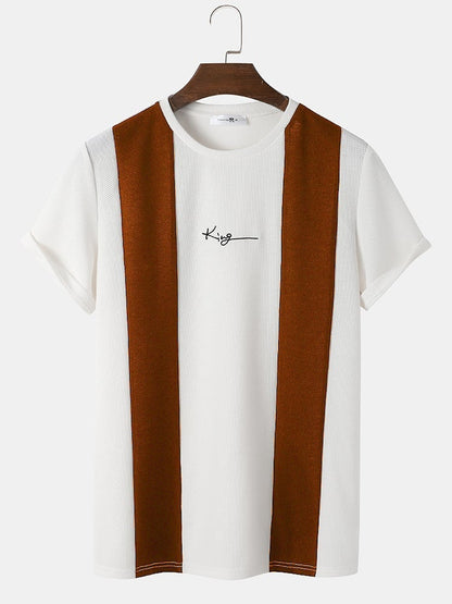 Men's Knit Two-Tone Patchwork T-Shirt | Embroidered Preppy Short Sleeve Style