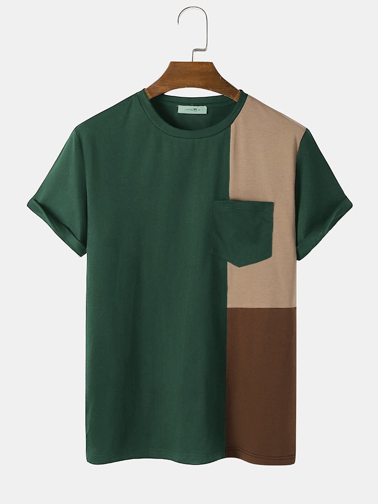 Men's Tricolor Patchwork Pocket T-Shirt | Crew Neck Short Sleeve Style