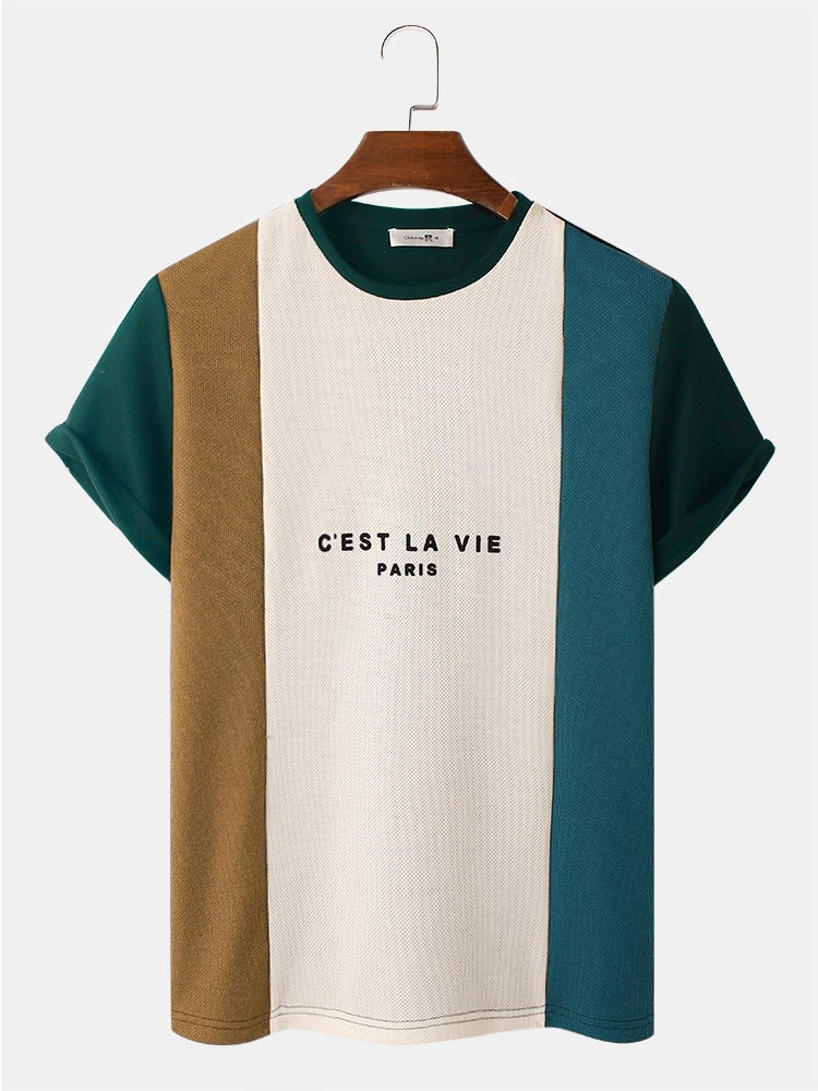 Men's Letter Pattern Knitted Patchwork T-Shirt | Crew Neck Short Sleeve