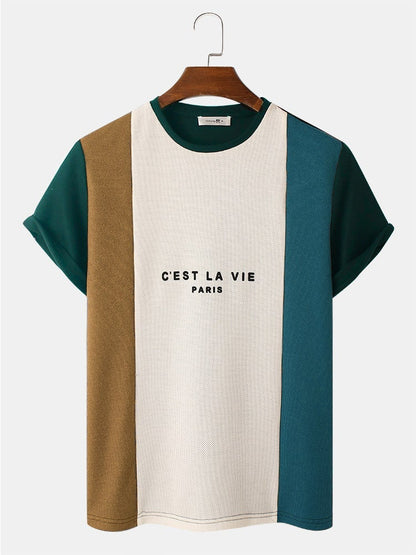 Men's Letter Pattern Knitted Patchwork T-Shirt | Crew Neck Short Sleeve