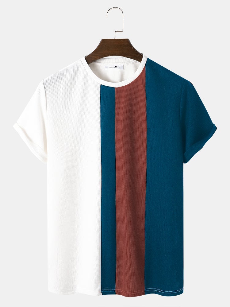 Men's Block Stripe Stitching T-Shirt | Knitted Preppy Short Sleeve Style
