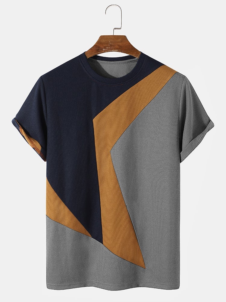 Men's Knit Irregular Color Block T-Shirt | Preppy Stitching Short SleeveMen's Knit Irregular Color Block T-Shirt | Preppy Stitching Short Sleeve