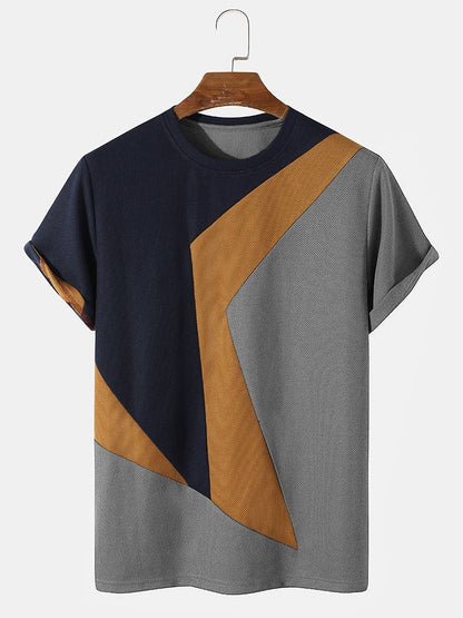 Men's Knit Irregular Color Block T-Shirt | Preppy Stitching Short SleeveMen's Knit Irregular Color Block T-Shirt | Preppy Stitching Short Sleeve