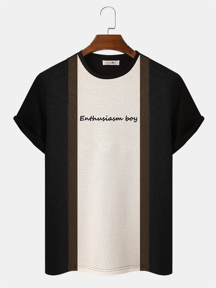 Men's Block Stripe Patchwork T-Shirt | Letter Embroidery Knitted Short Sleeve Preppy Style