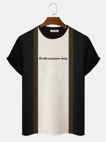Men's Block Stripe Patchwork T-Shirt | Letter Embroidery Knitted Short Sleeve Preppy Style