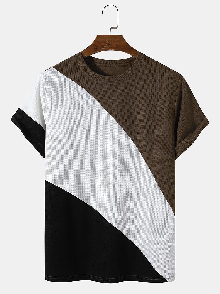 Men's Knit Color Block Panel T-Shirt | Loose Preppy Patchwork Short Sleeve