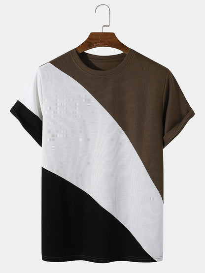 Men's Knit Color Block Panel T-Shirt | Loose Preppy Patchwork Short Sleeve