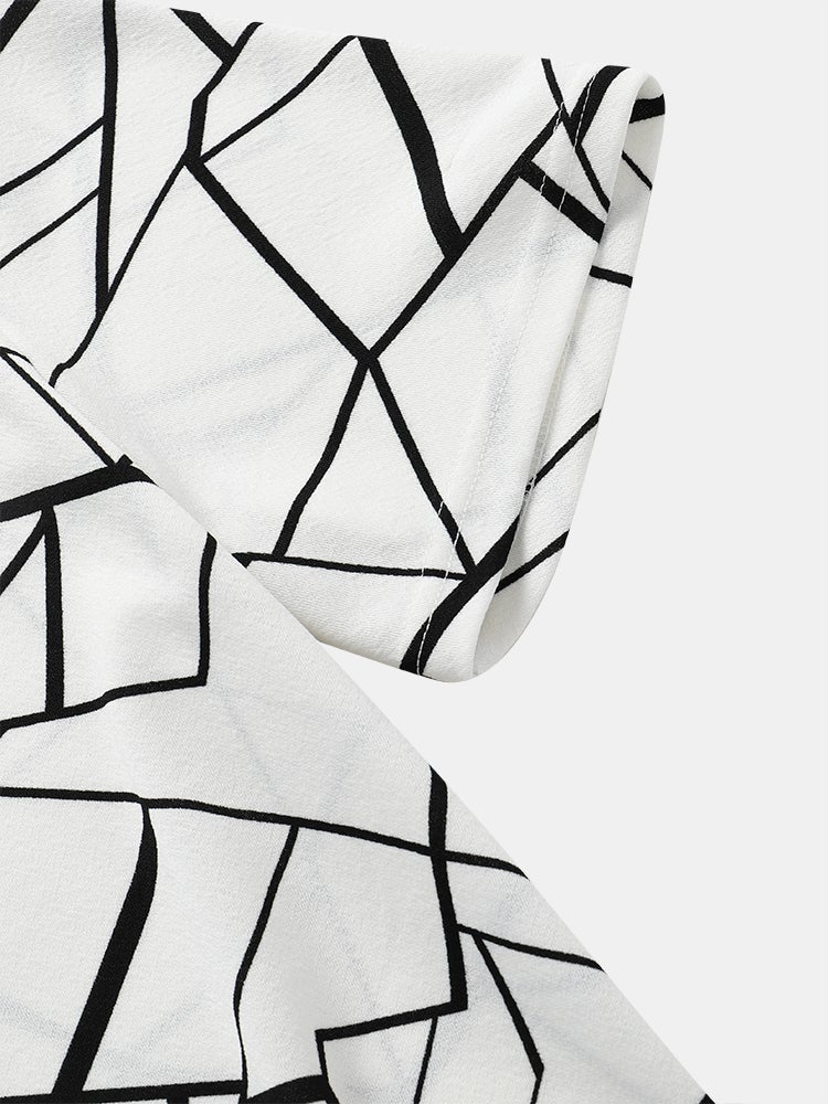 Men's All-Over Geometric Lines Print T-Shirt | White Crew Neck Short Sleeve