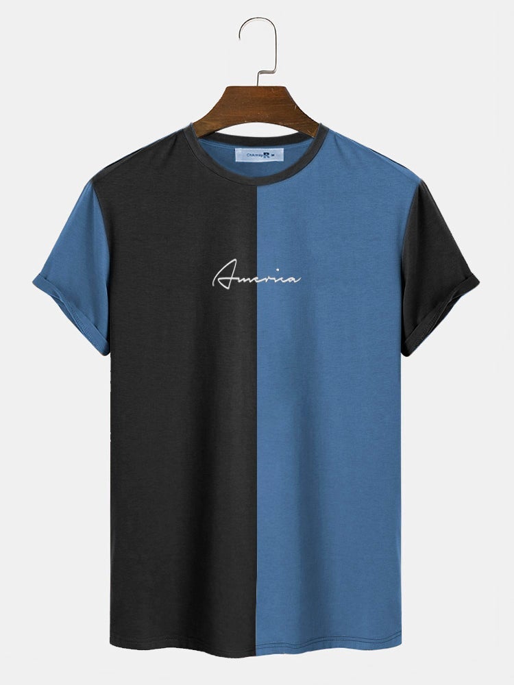 Men's Letter Embroidered Colorblock T-Shirt | Street Style Short Sleeve Patchwork