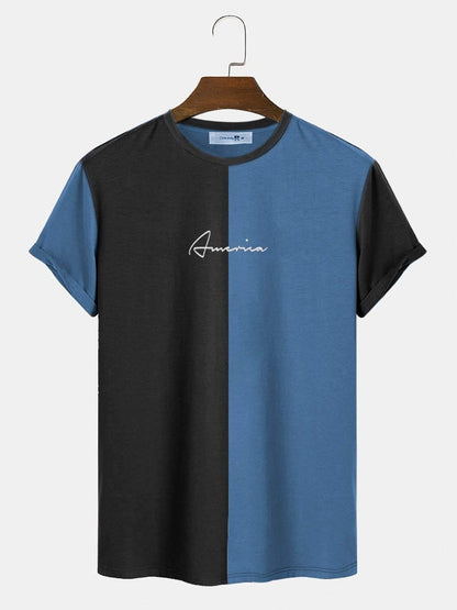 Men's Letter Embroidered Colorblock T-Shirt | Street Style Short Sleeve Patchwork