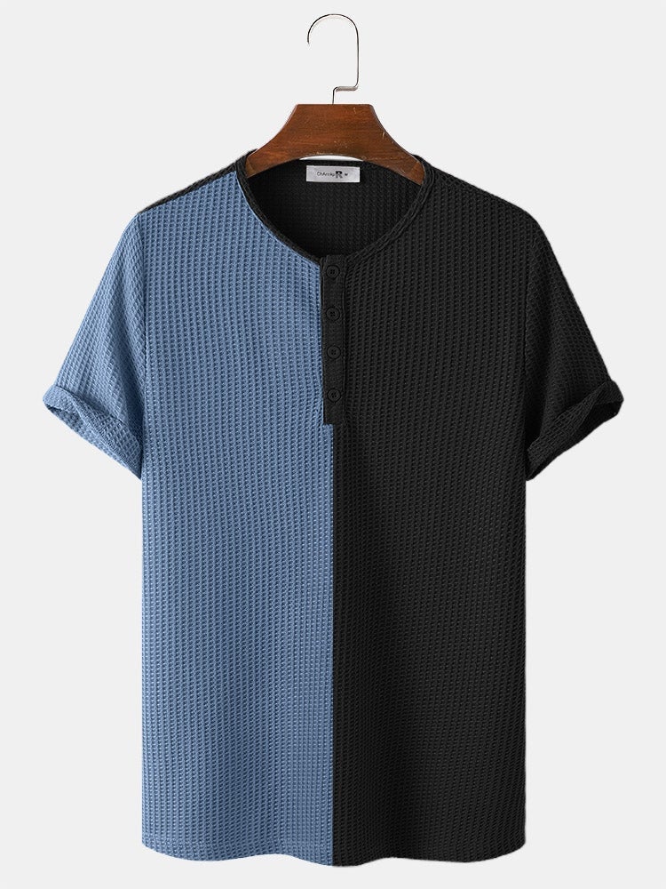 Men's Two-Tone Stitching Knitted Button T-Shirt | Short Sleeve Style