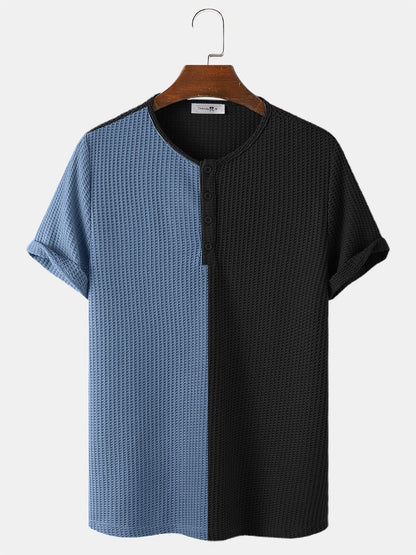 Men's Two-Tone Stitching Knitted Button T-Shirt | Short Sleeve Style