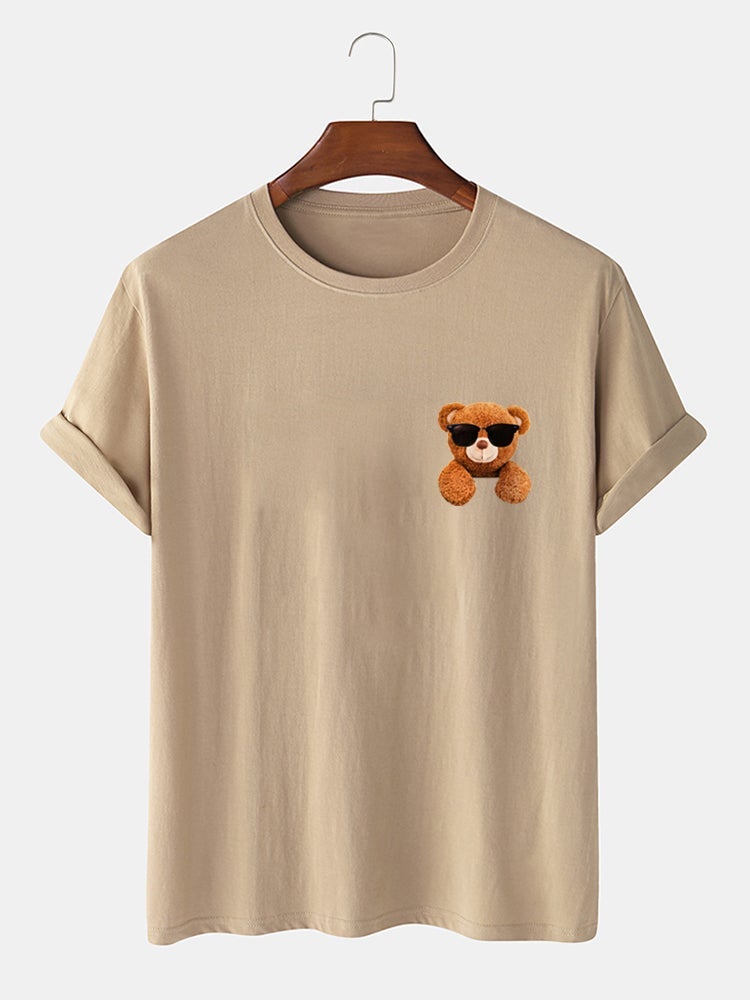 Men's 100% Cotton Cool Bear Print T-Shirt | Preppy Short Sleeve Style