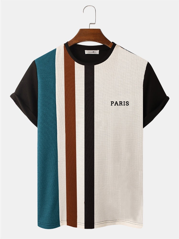 Men's Striped Patchwork Knit T-Shirt | Crew Neck Preppy Short Sleeve Style