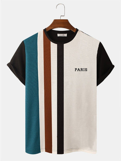 Men's Striped Patchwork Knit T-Shirt | Crew Neck Preppy Short Sleeve Style