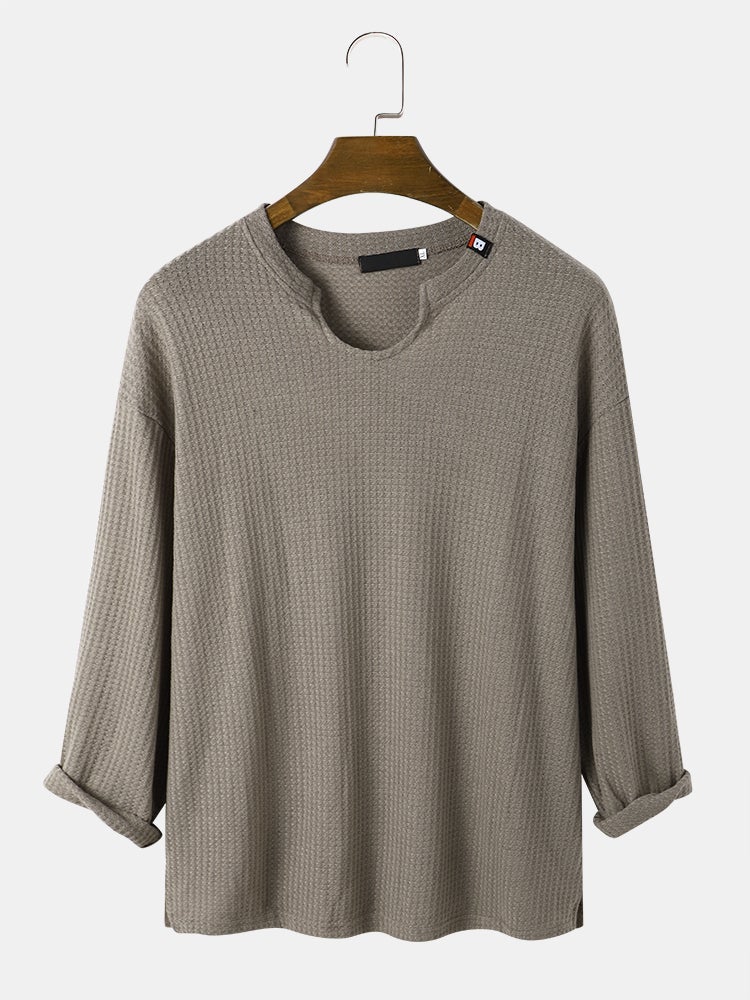 Men's Knit Texture Side Split T-Shirt | Loose Long Sleeve Plain Style