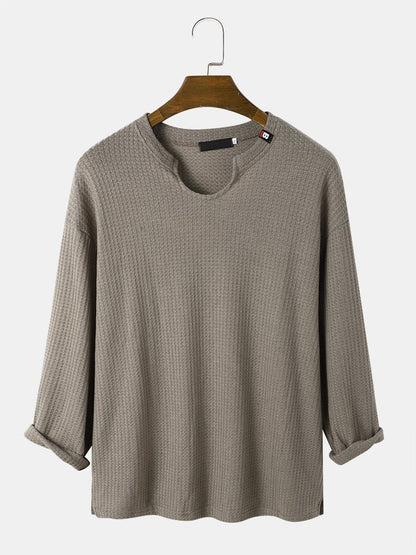 Men's Knit Texture Side Split T-Shirt | Loose Long Sleeve Plain Style