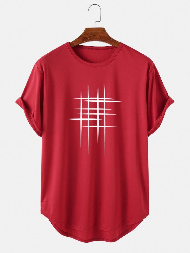 Men's Line Graphic High Low Curved Hem T-Shirt | Sports Short Sleeve Style