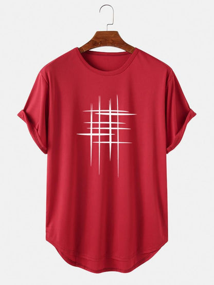 Men's Line Graphic High Low Curved Hem T-Shirt | Sports Short Sleeve Style