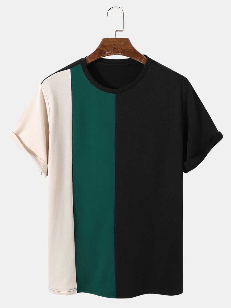 Men's Tricolor Patchwork T-Shirt | Crew Neck Short Sleeve Preppy Style