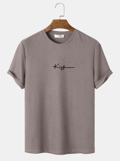 Men's King Letter Embroidery T-Shirt | Casual Knitted Texture Short Sleeve