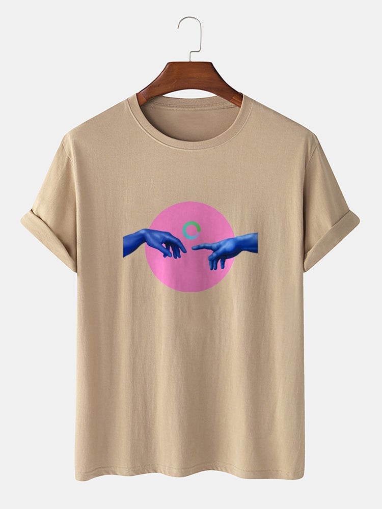 Men's 100% Cotton Hand Circle Print T-Shirt | Crew Neck Preppy Short Sleeve Style